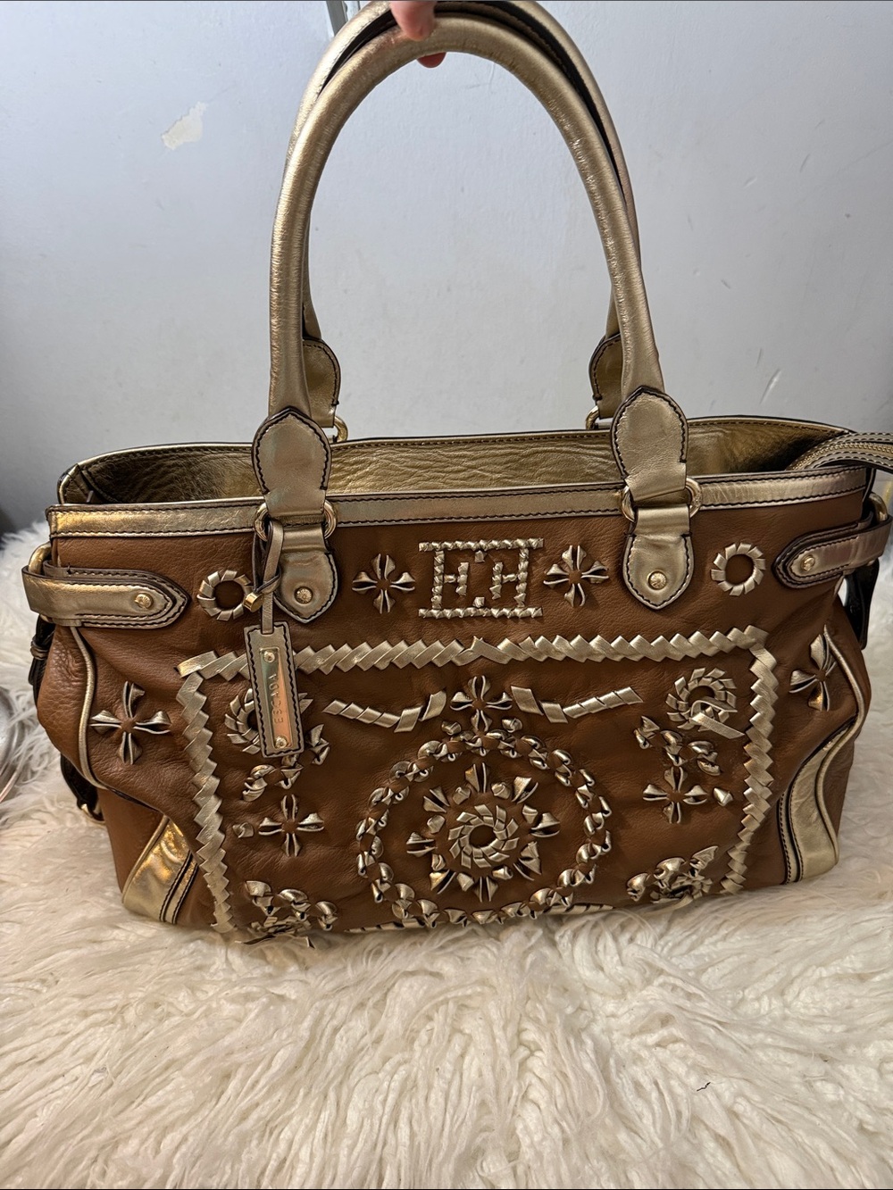 ESCADA Travel Tote Embellished Brown & Gold Leather Tote Bag